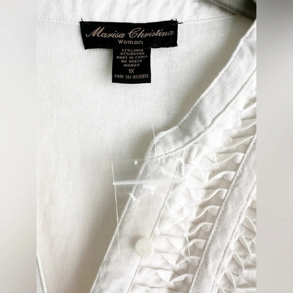 White Linen Blouse Pin Tuck Button Front 3/4 Sleeve Size 1X Marisa Christina - Picture 6 of 8